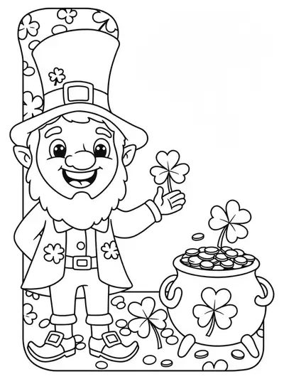 Coloring page of the letter L with a leprechaun and shamrocks, simple design.