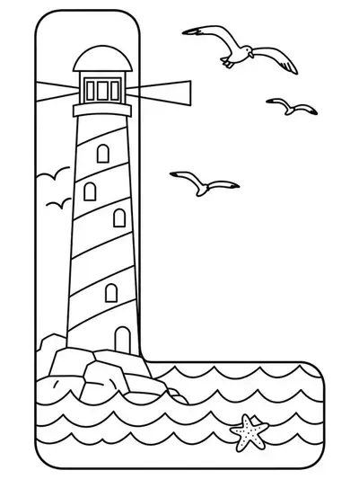 Coloring page of the letter L with a lighthouse and ocean waves, easy outlines.
