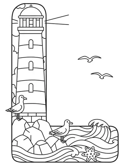 A coloring page with the letter L, a lighthouse, waves, rocks, and seagulls, medium detail.