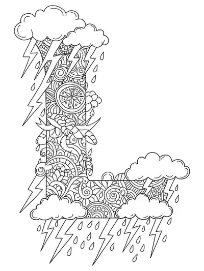 Letter L with lightning bolts, detailed rain clouds, and raindrops for preschool coloring