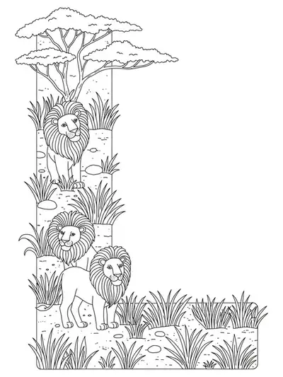 A medium-detail coloring page showing the letter L with lions, acacia trees, and savannah grass.