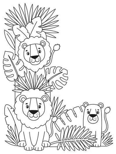 Simple coloring page of the letter L with lions and jungle plants, easy outlines.