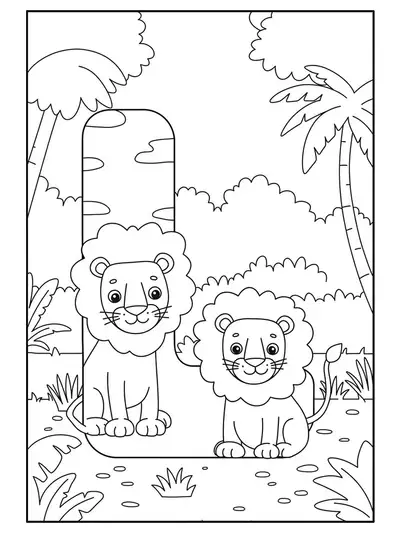 Easy coloring page with letter L and two cartoon lions in a simple jungle background