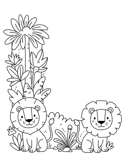 Outline drawing of the letter L with two lions and jungle plants