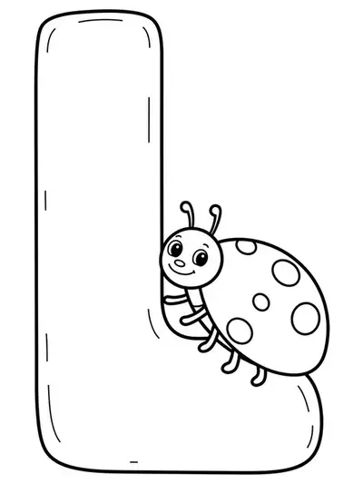 Large letter L with a smiling ladybug sitting on it, simple and big shapes for coloring