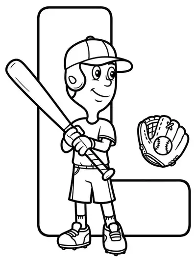 Coloring page of the letter L with a baseball bat, ball, and cap, easy outlines.