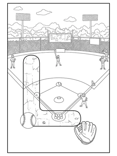 A medium-detail coloring page of the letter L on a baseball field with players, bats, and balls.