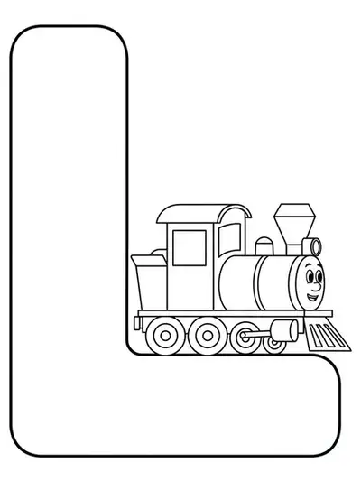 Large letter L with a cartoon locomotive train next to it, easy preschool coloring page