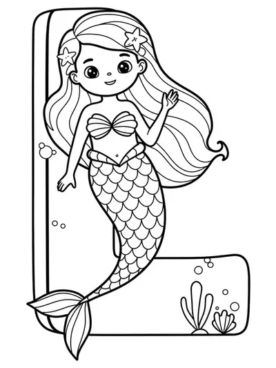 Large letter L with a smiling cartoon mermaid sitting next to it, easy for preschool coloring