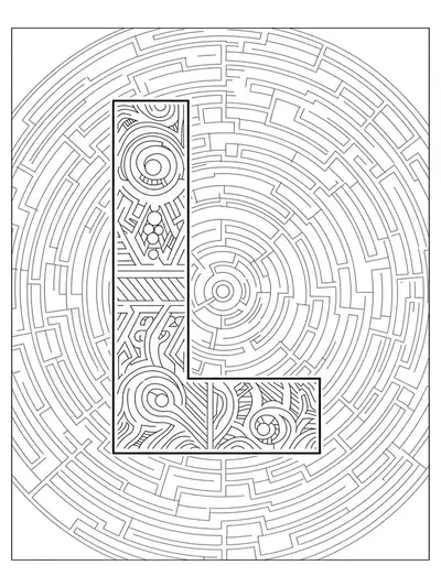Medium complexity coloring page with the letter L at the center of winding labyrinth and maze designs.