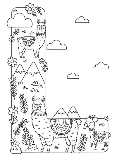 A medium-detail coloring page of the letter L with llamas in a mountain landscape, flowers, and clouds.