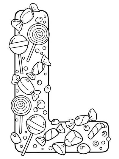 Coloring page of the letter L with lollipops and wrapped candies, easy lines.