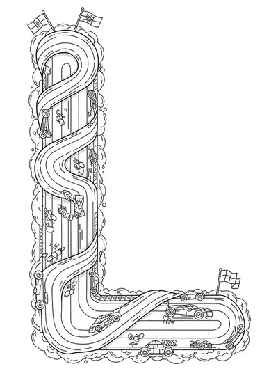 Letter L with detailed looping racecar tracks, cars, and racing flags for preschool coloring