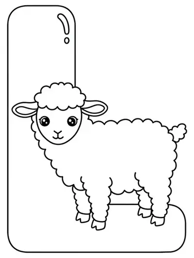 Large letter L with a fluffy cartoon lamb beside it, simple and easy coloring