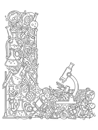 Coloring page showing letter L with laboratory beakers, microscopes, and science equipment in a detailed scene.