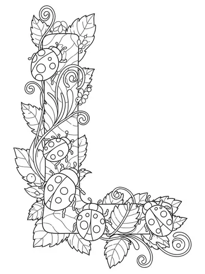 Detailed letter L design with ladybugs, leaves, and swirling vines for preschool coloring