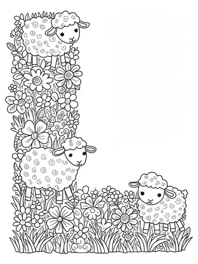 Letter L with detailed lambs, flowers, and farm grass for hard preschool coloring