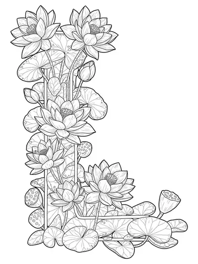 Medium complexity coloring page of the letter L surrounded by blooming lotus flowers and leaves.