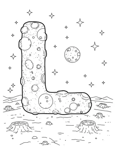 Medium complexity coloring page with the letter L set in a lunar landscape with moons and craters.