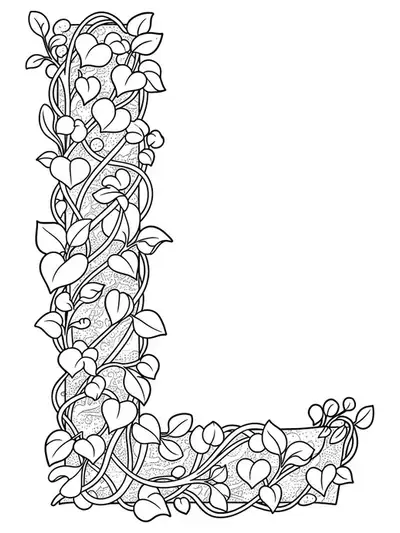 Medium complexity coloring page of the letter L woven with lush leaves and winding vines.