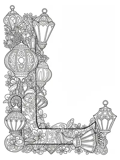 Medium complexity coloring page of the letter L surrounded by decorative lanterns, designed for adult coloring.