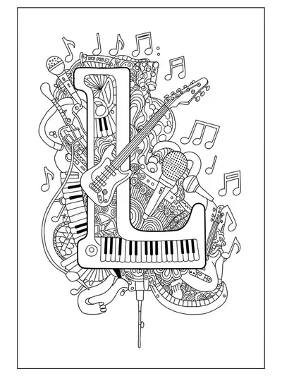 Letter L with musical notes, guitars, and microphones, medium complexity.