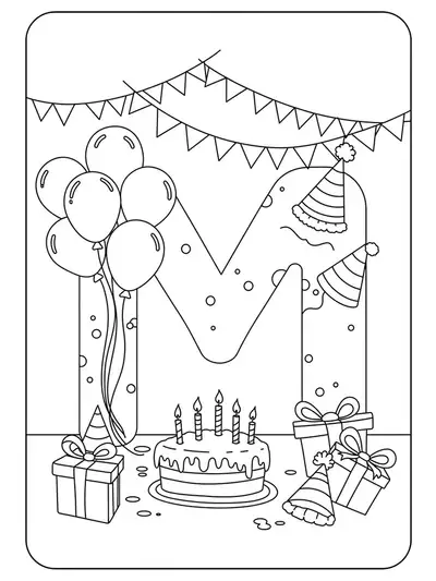 Coloring page of the letter M with balloons, a birthday cake, and party hats.