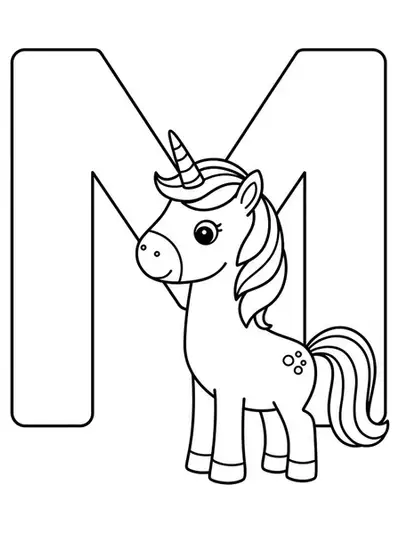Large letter M with a simple unicorn standing next to it, easy lines for preschool coloring.