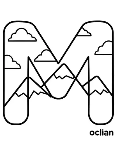 Coloring page of the letter M in front of scenic mountains and clouds.