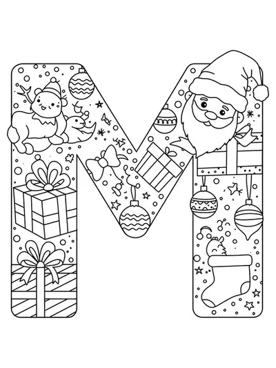 Coloring page with the letter M, Christmas gifts, ornaments, and a Santa hat.