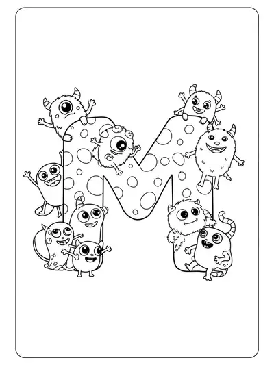 Black and white coloring page of the letter M with friendly cartoon monsters around it.
