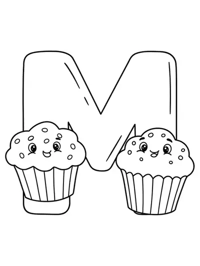 Large letter M with two cartoon muffins, food theme for easy preschool coloring.