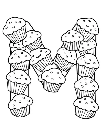 Black and white coloring page of the letter M and several big muffins.