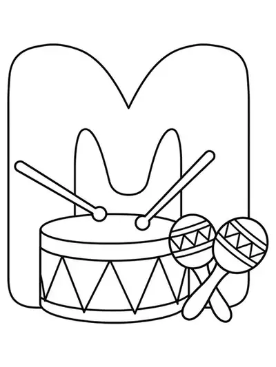 Coloring page with the letter M, a maraca, and a large drum.