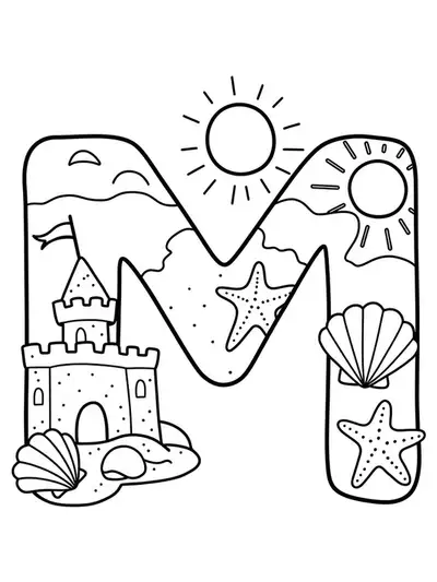 Black and white coloring page of the letter M with a sandcastle, seashells, and sun.