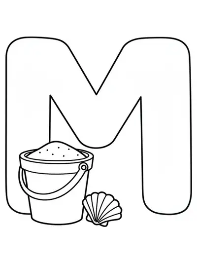 Large letter M with a sand bucket and seashell, summer and beach themed for preschoolers.