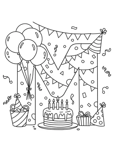 Coloring page with the letter M surrounded by balloons, a birthday cake, party hats, and confetti.