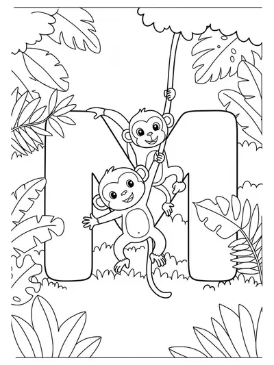 Letter M with a monkey swinging on it, surrounded by jungle leaves, designed for preschool coloring.