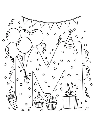 Letter M with balloons, cupcakes, birthday hats, and confetti, designed for preschool birthday coloring.