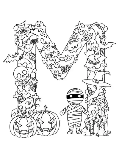 Coloring page featuring the letter M with Halloween elements like pumpkins, bats, a mummy, and candles.