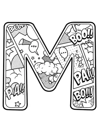 Letter M manga style coloring page for teens with simple manga elements