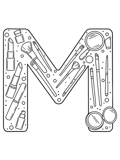 Makeup themed letter M coloring page for teens with simple beauty item outlines
