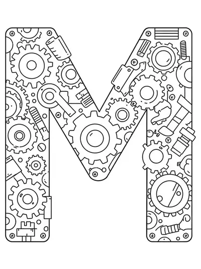 Mechanical machines letter M coloring page with simple gears and bolts, easy for teens