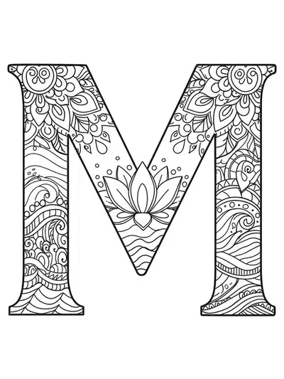 Meditation and mindfulness letter M coloring page with calm, easy outlines for teens