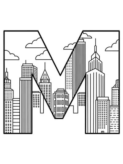 Printable metropolis skyline letter M coloring page with simple city and building outlines