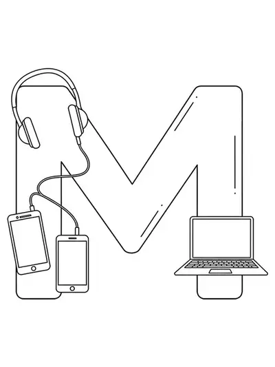 Minimalist tech gadgets letter M coloring page for teens with simple devices