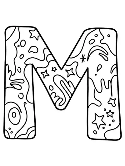 Modern art graffiti letter M coloring page with easy graffiti outlines for teens