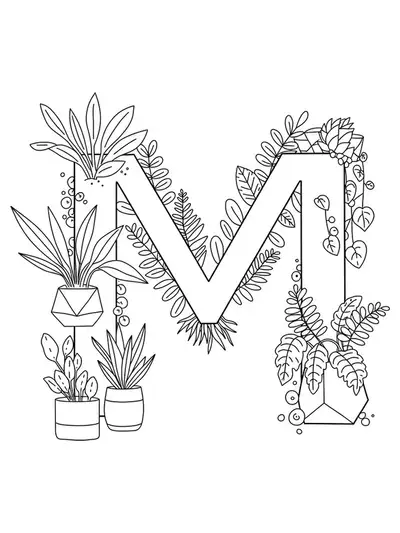 Modern botanical letter M coloring page with simple leaves and plant outlines for teens