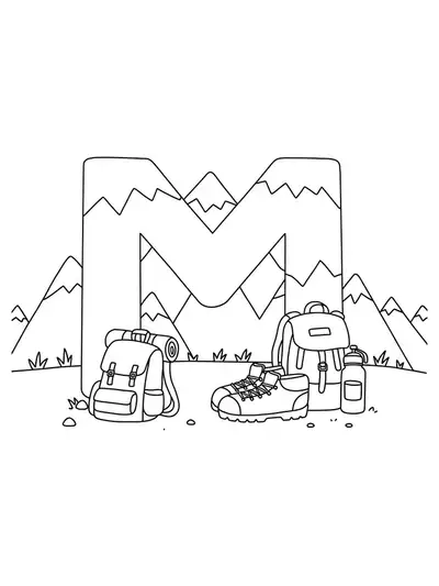Easy mountain hiking theme letter M coloring page for teens with simple outlines