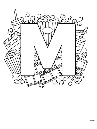 Movie night themed letter M coloring page with popcorn and film elements, easy for teens